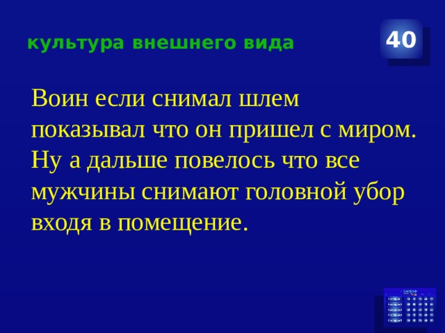 культура внешнего вида 40 Воин если снимал шлем показывал что он пришел с миром. Ну а дальше повелось что все мужчины снимают головной убор входя в помещение. 