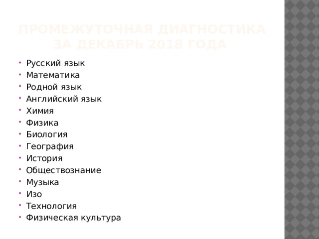 Промежуточная диагностика за декабрь 2018 года Русский язык Математика Родной язык Английский язык Химия Физика Биология География История Обществознание Музыка Изо Технология Физическая культура 