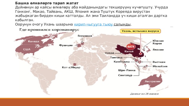 Башка өлкөлөргө тарап жатат Дүйнөнүн ар кайсы өлкөлөрү аба майданындагы текшерүүнү күчөтүштү. Учурда Гонконг, Макао, Тайвань, АКШ, Япония жана Түштүк Кореяда вирустан жабыркаган бирден киши катталды. Ал эми Таиландда үч киши аталган дартка кабылган. Оорунун очогу Ухань шаарына  кирип-чыгууга  тыюу  салынды . 
