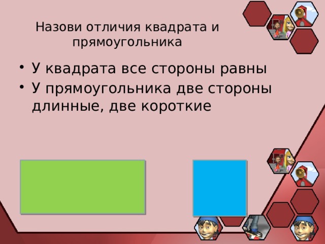 Назови отличия квадрата и прямоугольника У квадрата все стороны равны У прямоугольника две стороны длинные, две короткие 