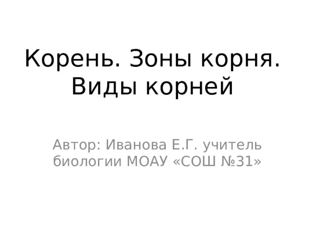 Корень. Зоны корня. Виды корней Автор: Иванова Е.Г. учитель биологии МОАУ «СОШ №31» 