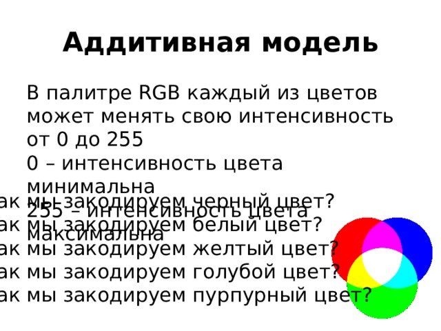 Аддитивная модель В палитре RGB каждый из цветов может менять свою интенсивность от 0 до 255  0 – интенсивность цвета минимальна  255 – интенсивность цвета максимальна Как мы закодируем черный цвет? Как мы закодируем белый цвет? Как мы закодируем желтый цвет? Как мы закодируем голубой цвет? Как мы закодируем пурпурный цвет? 
