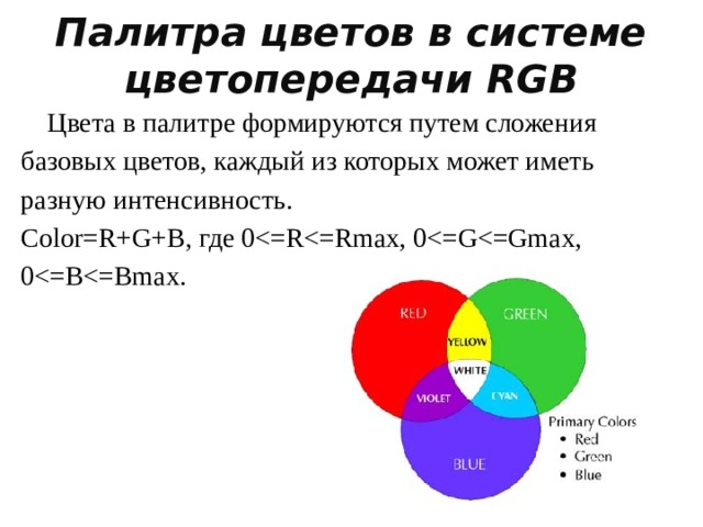 Палитра цветов в системе цветопередачи RGB  Цвета в палитре формируются путем сложения базовых цветов, каждый из которых может иметь разную интенсивность. Color=R+G+B, где 00