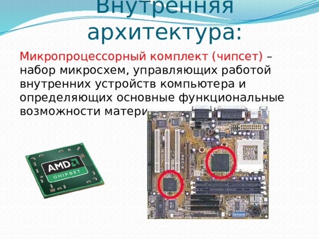 Внутренняя архитектура: Микропроцессорный комплект (чипсет) – набор микросхем, управляющих работой внутренних устройств компьютера и определяющих основные функциональные возможности материнской платы 