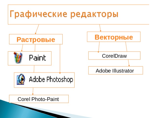 Векторные Растровые CorelDraw А dobe Illu strator Core l Photo-Paint 