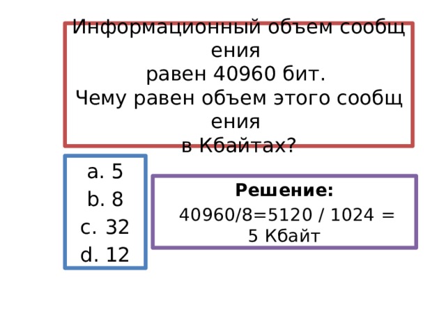Информационный объем 48 кбайт. Информационный объем сообщения равен. 40960 Бит в Кбайт с решением. Чему равен информационный объем в БИТАХ. Информационный объем сообщения равен 40960 бит чему.