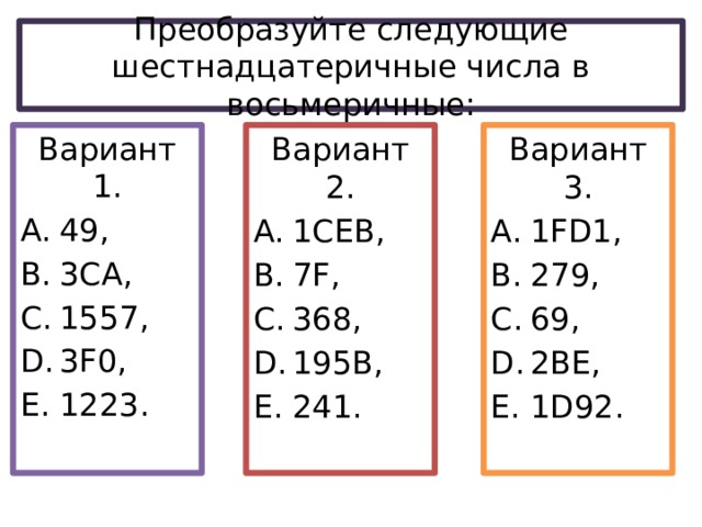 Преобразуйте следующие шестнадцатеричные числа в восьмеричные: Вариант 2. Вариант 3. 1CEB, 7F, 368, 195B, 241. 1FD1, 279, 69, 2BE, 1D92. Вариант 1. 49, 3CA, 1557, 3F0, 1223. 