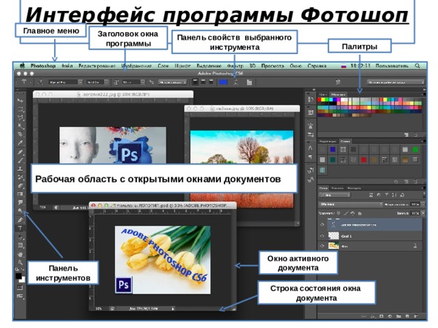 Какого из элементов нет в главном окне программы adobe photoshop