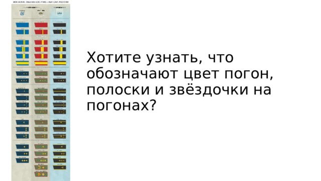 Хотите узнать, что обозначают цвет погон, полоски и звёздочки на погонах? 