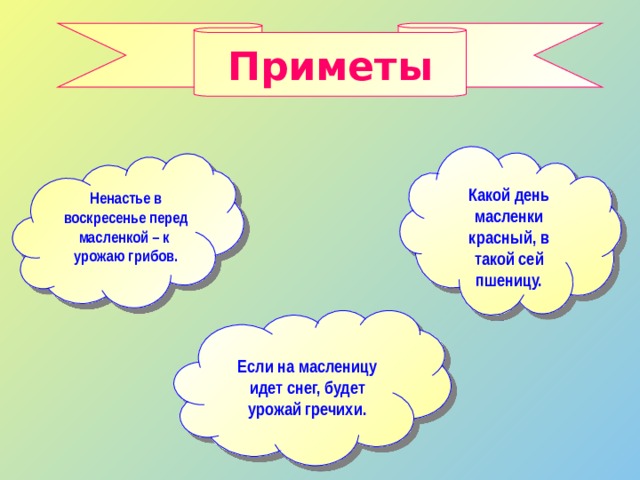 Приметы Какой день масленки красный, в такой сей пшеницу. Ненастье в воскресенье перед масленкой – к урожаю грибов. Если на масленицу идет снег, будет урожай гречихи. 