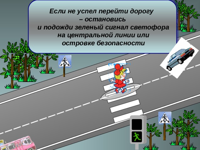 Если не успел перейти дорогу – остановись  и подожди зеленый сигнал светофора  на центральной линии или  островке безопасности 