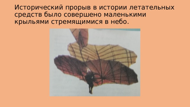 Исторический прорыв в истории летательных средств было совершено маленькими крыльями стремящимися в небо. 