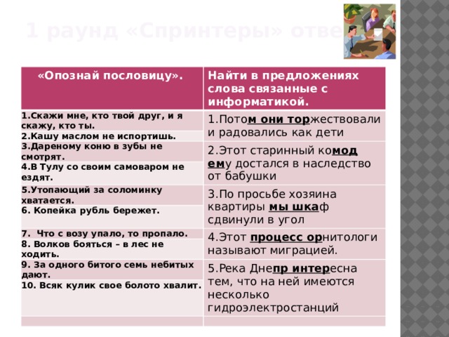 1 раунд «Спринтеры» ответы «Опознай пословицу». 1.Скажи мне, кто твой друг, и я скажу, кто ты. Найти в предложениях слова связанные с информатикой. 2.Кашу маслом не испортишь. 1.Пото м они тор жествовали и радовались как дети 3.Дареному коню в зубы не смотрят. 2.Этот старинный ко мод ем у достался в наследство от бабушки 4.В Тулу со своим самоваром не ездят. 5.Утопающий за соломинку хватается. 3.По просьбе хозяина квартиры мы шка ф сдвинули в угол 6. Копейка рубль бережет. 7. Что с возу упало, то пропало. 4.Этот процесс ор нитологи называют миграцией. 8. Волков бояться – в лес не ходить. 9. За одного битого семь небитых дают. 10. Всяк кулик свое болото хвалит. 5.Река Дне пр интер есна тем, что на ней имеются несколько гидроэлектростанций             