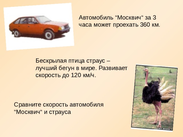 Автомобиль “ Москвич “ за 3 часа может проехать 360 км. Бескрылая птица страус – лучший бегун в мире. Развивает скорость до 120 км/ч. Сравните скорость автомобиля “ Москвич “ и страуса