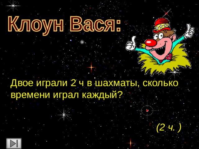 Двое играли 2 ч в шахматы, сколько времени играл каждый? (2 ч. )