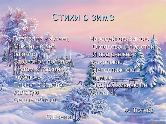 Стихи о зиме  Чародейкою Зимою  Околдован, лес стоит,  И под снежной бахромою,  Неподвижною, немою,  Чудной жизнью он блестит.     Ф. Тютчев  Поет зима - аукает,   Мохнатый лес баюкает  Стозвоном сосняка.  Кругом с тоской глубокою  Плывут в страну далекую  Седые облака.     С.Есенин    