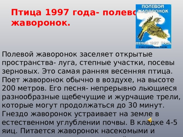 Птица 1997 года- полевой жаворонок. Полевой жаворонок заселяет открытые пространства- луга, степные участки, посевы зерновых. Это самая ранняя весенняя птица. Поет жаворонок обычно в воздухе, на высоте 200 метров. Его песня- непрерывно льющиеся разнообразные щебечущие и журчащие трели, которые могут продолжаться до 30 минут. Гнездо жаворонок устраивает на земле в естественном углублении почвы. В кладке 4-5 яиц. Питается жаворонок насекомыми и семенами травянистых растений. 