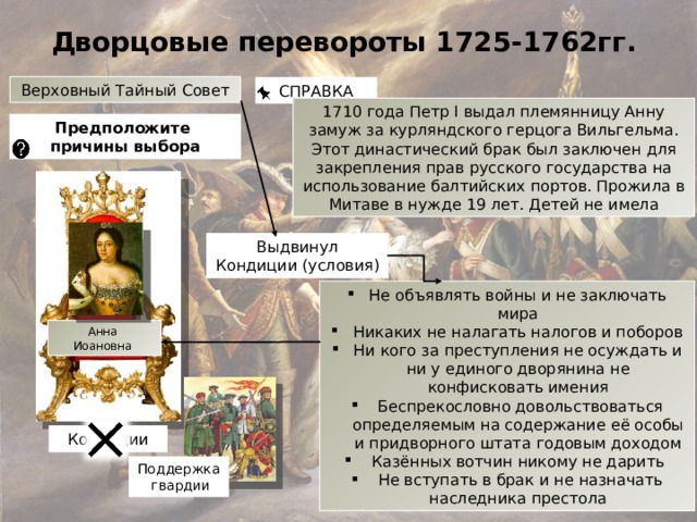 Дворцовые перевороты 1725-1762гг. Верховный Тайный Совет СПРАВКА 1710 года Петр I выдал племянницу Анну замуж за курляндского герцога Вильгельма. Этот династический брак был заключен для закрепления прав русского государства на использование балтийских портов. Прожила в Митаве в нужде 19 лет. Детей не имела Предположите причины выбора Выдвинул Кондиции (условия) Не объявлять войны и не заключать мира Никаких не налагать налогов и поборов Ни кого за преступления не осуждать и ни у единого дворянина не конфисковать имения  Беспрекословно довольствоваться определяемым на содержание её особы и придворного штата годовым доходом  Казённых вотчин никому не дарить  Не вступать в брак и не назначать наследника престола Анна Иоановна Кондиции Поддержка  гвардии 