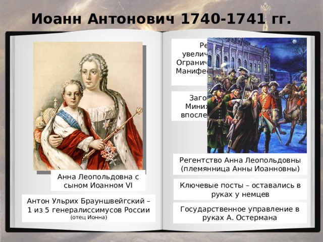 Иоанн Антонович 1740-1741 гг. Регентство Бирона: увеличение подушной подати Ограничение роскоши при дворе Манифест о строгом соблюдении закона Заговор А. Остермана и Б. Миниха – Бирон арестован и впоследствии сослан в Сибирь Регентство Анна Леопольдовны (племянница Анны Иоанновны) Анна Леопольдовна с сыном Иоанном VI Ключевые посты – оставались в руках у немцев Антон Ульрих Брауншвейгский – 1 из 5 генералиссимусов России (отец Ионна) Государственное управление в руках А. Остермана 