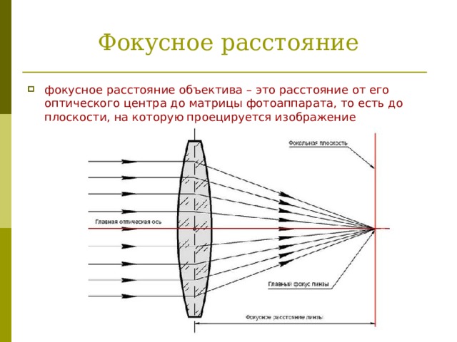 Фокусное расстояние фокусное расстояние объектива – это расстояние от его оптического центра до матрицы фотоаппарата, то есть до плоскости, на которую проецируется изображение  