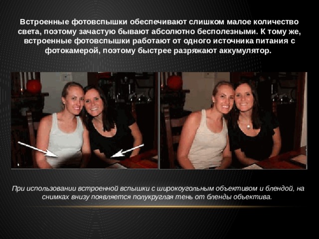 Встроенные фотовспышки обеспечивают слишком малое количество света, поэтому зачастую бывают абсолютно бесполезными. К тому же, встроенные фотовспышки работают от одного источника питания с фотокамерой, поэтому быстрее разряжают аккумулятор. При использовании встроенной вспышки с широкоугольным объективом и блендой, на снимках внизу появляется полукруглая тень от бленды объектива. 