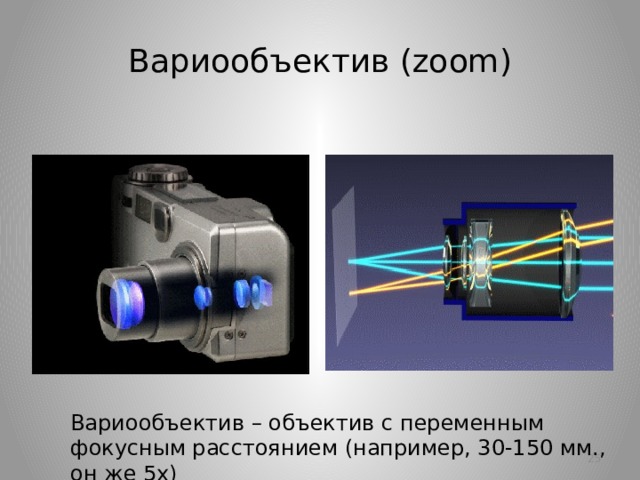 Вариообъектив (zoom) Вариообъектив – объектив с переменным фокусным расстоянием (например, 30-150 мм., он же 5х)   