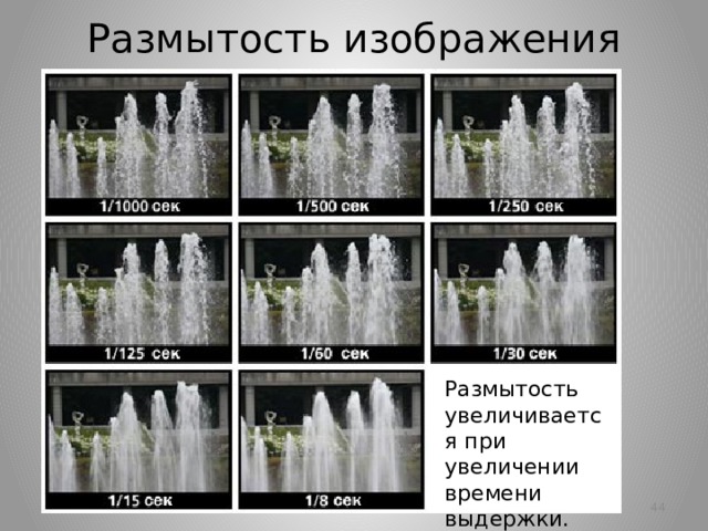 Размытость изображения Размытость увеличивается при увеличении времени выдержки.   