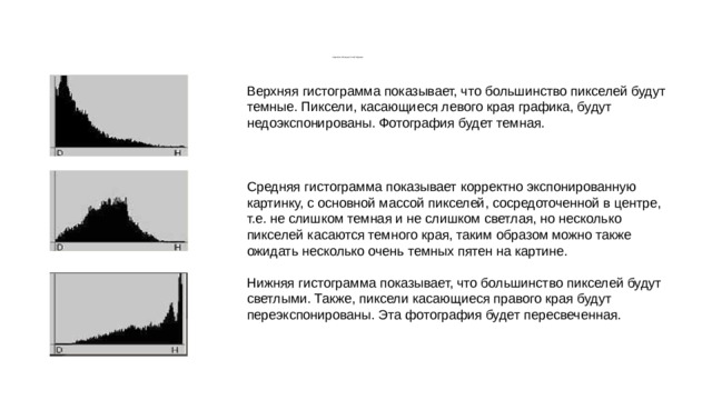             Оценка экспозиции по гистограмме Верхняя гистограмма показывает, что большинство пикселей будут темные. Пиксели, касающиеся левого края графика, будут недоэкспонированы. Фотография будет темная. Средняя гистограмма показывает корректно экспонированную картинку, с основной массой пикселей, сосредоточенной в центре, т.е. не слишком темная и не слишком светлая, но несколько пикселей касаются темного края, таким образом можно также ожидать несколько очень темных пятен на картине. Нижняя гистограмма показывает, что большинство пикселей будут светлыми. Также, пиксели касающиеся правого края будут переэкспонированы. Эта фотография будет пересвеченная. 