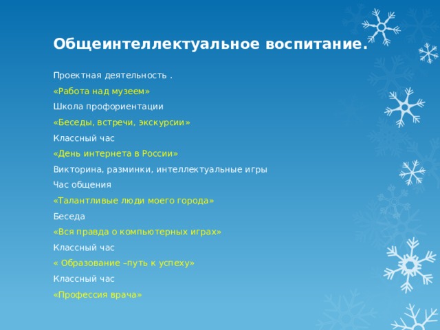 Общеинтеллектуальное воспитание.   Проектная деятельность . «Работа над музеем» Школа профориентации «Беседы, встречи, экскурсии» Классный час «День интернета в России» Викторина, разминки, интеллектуальные игры Час общения «Талантливые люди моего города» Беседа «Вся правда о компьютерных играх» Классный час « Образование –путь к успеху» Классный час «Профессия врача» 