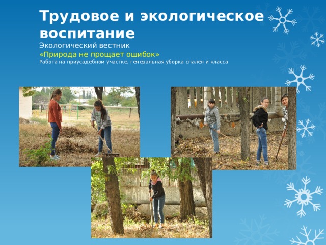 Трудовое и экологическое воспитание  Экологический вестник  «Природа не прощает ошибок»  Работа на приусадебном участке, генеральная уборка спален и класса   