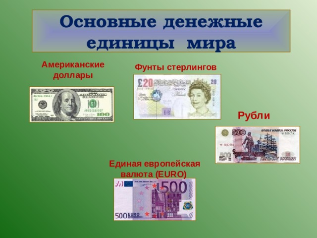 Основные денежные единицы мира Американские доллары Фунты стерлингов Рубли Единая европейская валюта ( EURO)  