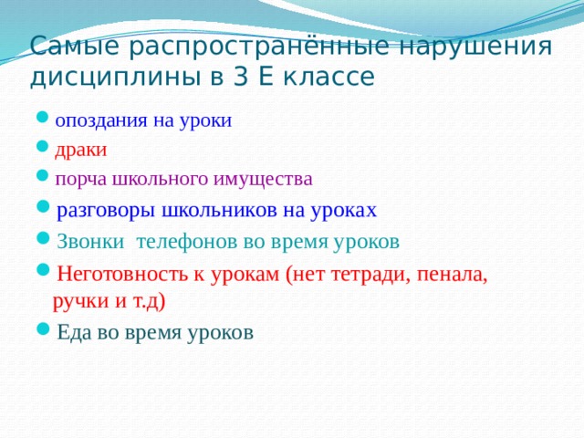 Самые распространённые нарушения дисциплины в 3 Е классе опоздания на уроки драки порча школьного имущества разговоры школьников на уроках Звонки телефонов во время уроков Неготовность к урокам (нет тетради, пенала, ручки и т.д) Еда во время уроков 