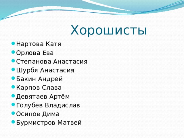 Хорошисты Нартова Катя Орлова Ева Степанова Анастасия Шурбя Анастасия Бакин Андрей Карпов Слава Девятаев Артём Голубев Владислав Осипов Дима Бурмистров Матвей 