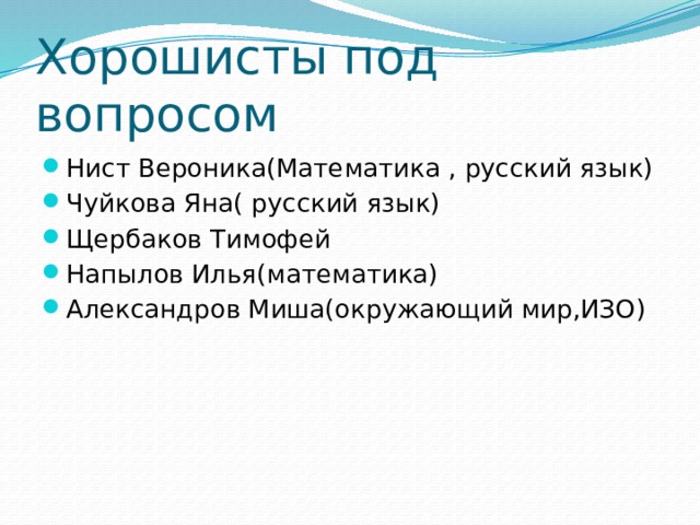 Хорошисты под вопросом Нист Вероника(Математика , русский язык) Чуйкова Яна( русский язык) Щербаков Тимофей Напылов Илья(математика) Александров Миша(окружающий мир,ИЗО) 