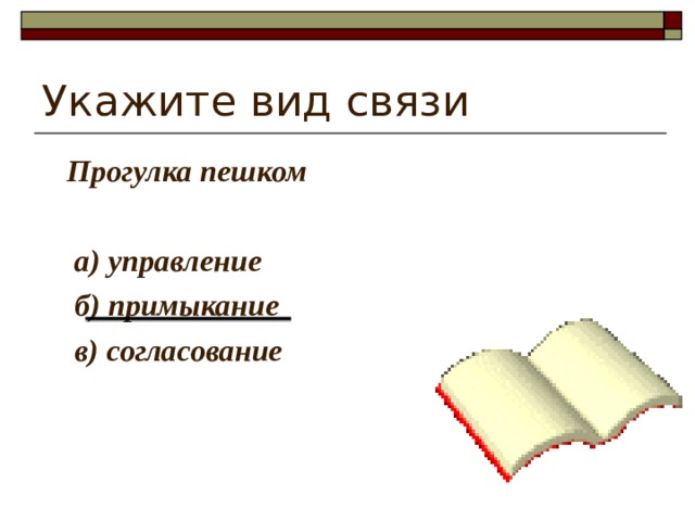 Укажите вид связи Прогулка пешком   а) управление  б) примыкание  в) согласование 