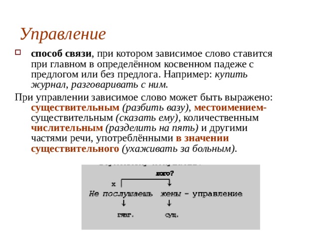 Управление   способ связи , при котором зависимое слово ставится при главном в определённом косвенном падеже с предлогом или без предлога. Например: купить журнал , разговаривать с ним. При управлении зависимое слово может быть выражено: существительным  (разбить вазу), местоимением- существительным (сказать ему), количественным числительным  (разделить на пять) и другими частями речи, употреблёнными в значении существительного  (ухаживать за больным). 