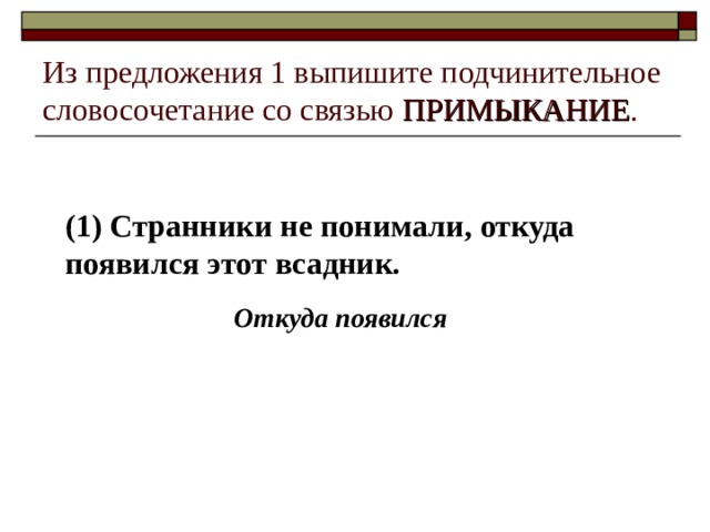 Из предложения 1 выпишите подчинительное словосочетание со связью ПРИМЫКАНИЕ . (1) Странники не понимали, откуда появился этот всадник. Откуда появился 