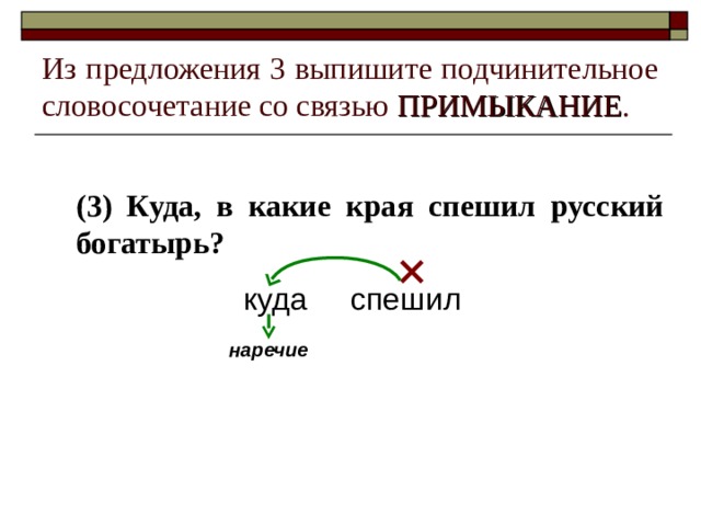 Из предложения 3 выпишите подчинительное словосочетание со связью ПРИМЫКАНИЕ . (3) Куда, в какие края спешил русский богатырь?  куда спешил наречие 