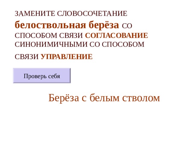 ЗАМЕНИТЕ СЛОВОСОЧЕТАНИЕ  белоствольная берёза  СО СПОСОБОМ СВЯЗИ СОГЛАСОВАНИЕ СИНОНИМИЧНЫМИ СО СПОСОБОМ СВЯЗИ УПРАВЛЕНИЕ  Проверь себя Берёза с белым стволом 