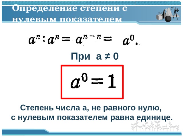 Определение степени с нулевым показателем При a ≠ 0 Степень числа a , не равного нулю, с нулевым показателем равна единице. 