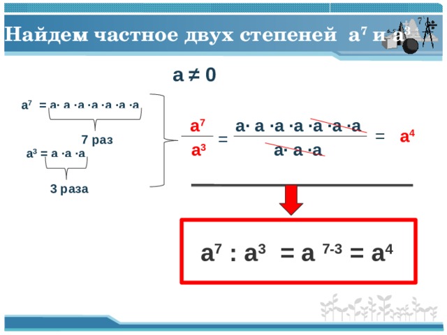 Найдем частное двух степеней a 7  и a 3  a  ≠ 0 a 7  = a· a ·a ·a ·a ·a ·a a· a ·a ·a ·a ·a ·a a 7  = a 4  = 7 раз  a 3  a· a ·a  a 3 = a ·a ·a 3 раза a 7  : a 3  = a  7-3 = a 4  