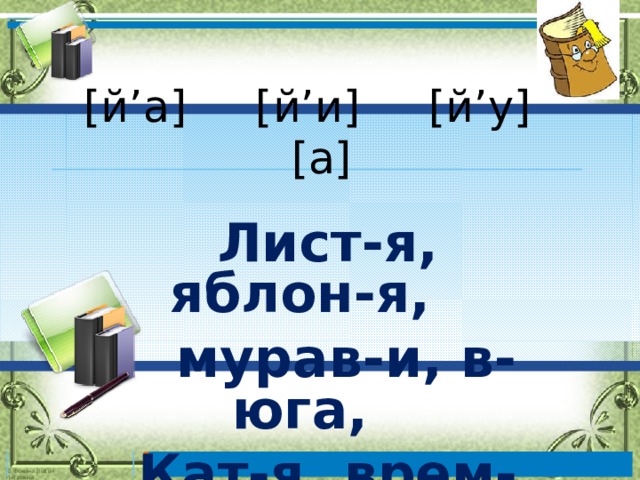  [й’а] [й’и] [й’у] [а]   Лист-я, яблон-я,  мурав-и, в-юга,  Кат-я, врем-я . 