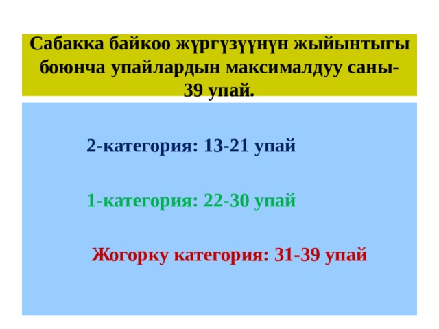 Сабакка байкоо жүргүзүүнүн жыйынтыгы боюнча упайлардын максималдуу саны-  39 упай.     2-категория: 13-21 упай    1-категория: 22-30 упай     Жогорку категория: 31-39 упай 