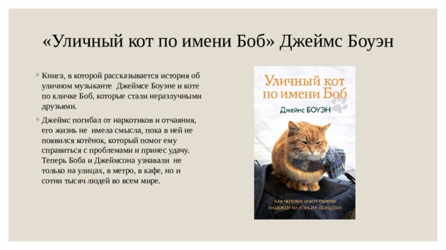 «Уличный кот по имени Боб» Джеймс Боуэн Книга, в которой рассказывается история об уличном музыканте Джеймсе Боуэне и коте по кличке Боб, которые стали неразлучными друзьями. Джеймс погибал от наркотиков и отчаяния, его жизнь не имела смысла, пока в ней не появился котёнок, который помог ему справиться с проблемами и принес удачу. Теперь Боба и Джеймсона узнавали не только на улицах, в метро, в кафе, но и сотни тысяч людей во всем мире. 