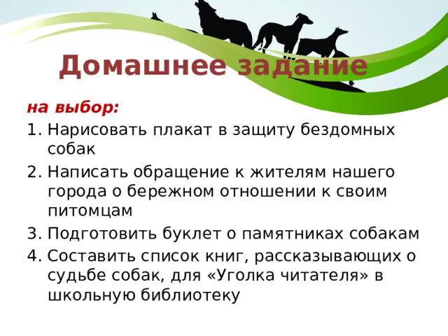 Домашнее задание на выбор: Нарисовать плакат в защиту бездомных собак Написать обращение к жителям нашего города о бережном отношении к своим питомцам  Подготовить буклет о памятниках собакам Составить список книг, рассказывающих о судьбе собак, для «Уголка читателя» в школьную библиотеку 