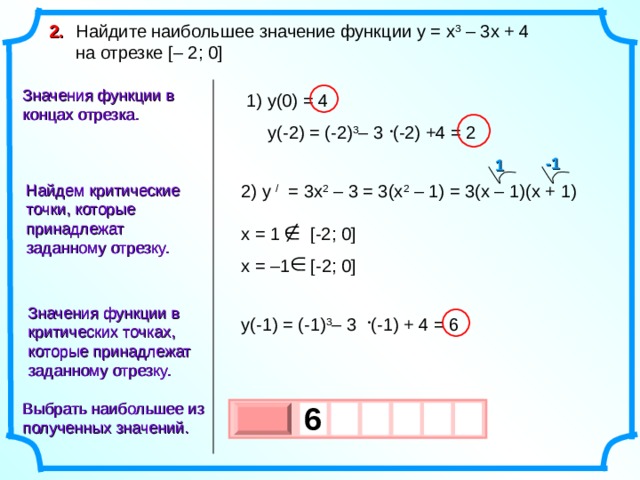 2. Найдите наибольшее значение функции y = x 3 – 3 x + 4 на отрезке [ – 2 ; 0 ] Значения функции в концах отрезка.  1) y (0) = 4 y (-2) = (-2) 3 – 3 (-2) +4 = 2 -1 1 2) y  /  = 3x 2 – 3 = 3(x 2 – 1 ) = 3(x – 1 )(x + 1 ) Найдем критические точки, которые принадлежат заданному отрезку. x = 1  [ -2 ; 0 ] x = – 1  [ -2 ; 0 ] Значения функции в критических точках, которые принадлежат заданному отрезку. y (-1) = (-1) 3 – 3 (-1) + 4 = 6 Выбрать наибольшее из полученных значений. 6   х 3 х 1 0 