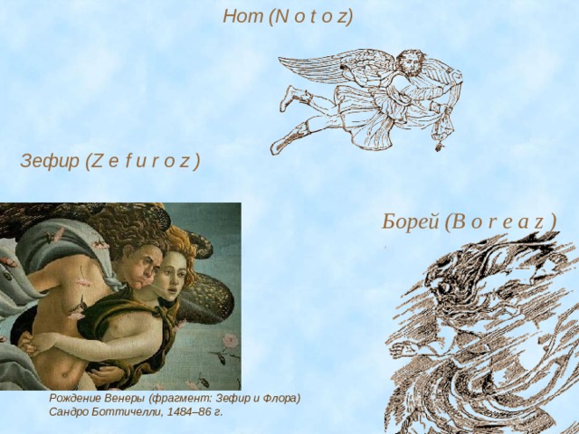 Нот (N o t o z)  Зефир (Z e f u r o z ) Борей (B o r e a z ) Рождение Венеры (фрагмент: Зефир и Флора) Сандро Боттичелли, 1484–86 г.   