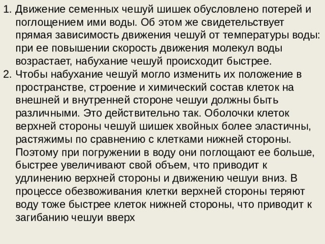 Движение семенных чешуй шишек обусловлено потерей и поглощением ими воды. Об этом же свидетельствует прямая зависимость движения чешуй от температуры воды: при ее повышении скорость движения молекул воды возрастает, набухание чешуй происходит быстрее. Чтобы набухание чешуй могло изменить их положение в пространстве, строение и химический состав клеток на внешней и внутренней стороне чешуи должны быть различными. Это действительно так. Оболочки клеток верхней стороны чешуй шишек хвойных более эластичны, растяжимы по сравнению с клетками нижней стороны. Поэтому при погружении в воду они поглощают ее больше, быстрее увеличивают свой объем, что приводит к удлинению верхней стороны и движению чешуи вниз. В процессе обезвоживания клетки верхней стороны теряют воду тоже быстрее клеток нижней стороны, что приводит к загибанию чешуи вверх 