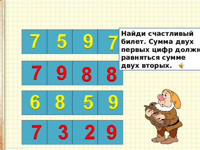 Найди счастливый билет. Сумма двух первых цифр должна равняться сумме двух вторых. 