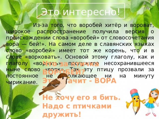  Это интересно!   Из-за того, что воробей хитёр и вороват, широкое распространение получила версия о происхождении слова «воробей» от словосочетания вора — бей!». На самом деле в славянских языках слово «воробей» имеет тот же корень, что и в слове «ворковать». Основой этому глаголу, как и глаголу «ворчать», послужило несохранившееся ныне слово «ворк». Так эту птицу прозвали за постоянное не умолкающее ни на минуту чирикание. Что за птичка ВОРОБЕЙ? Это значит - ВОРА БЕЙ! Не хочу его я бить. Надо с птичками дружить! 